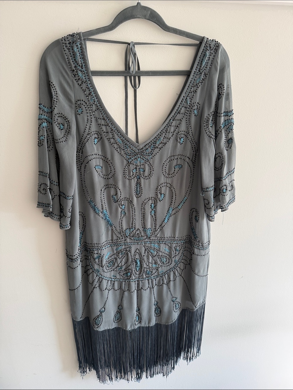 Free People Gray Beaded V-Neck Fringe Mini Dress